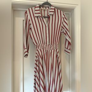 Description: Maje - White, Red & Navy Blue Striped Shirt Dress.